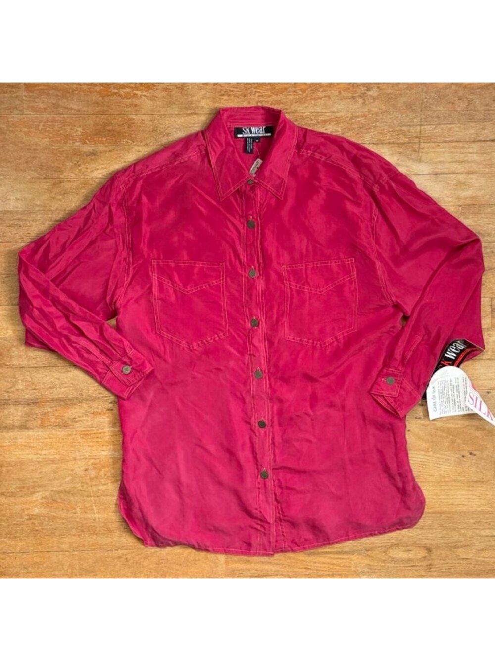 Vintage Red Silk Oversize Blouse Size Medium/Large 90s Collared Button Up Top  L